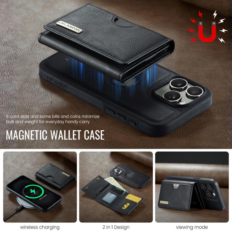 For iPhone 15 Pro DG.MING M6 Series RFID Tri-fold Card Bag Removable Leather Phone Case