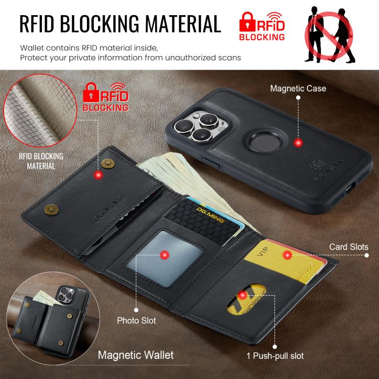 For iPhone 15 Pro DG.MING M6 Series RFID Tri-fold Card Bag Removable Leather Phone Case