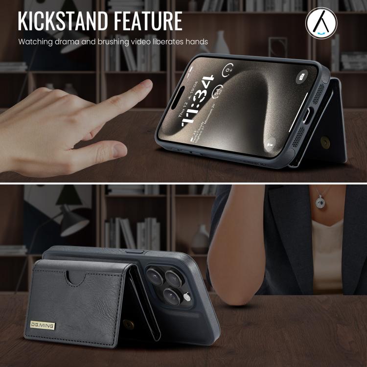 For iPhone 15 Pro DG.MING M6 Series RFID Tri-fold Card Bag Removable Leather Phone Case