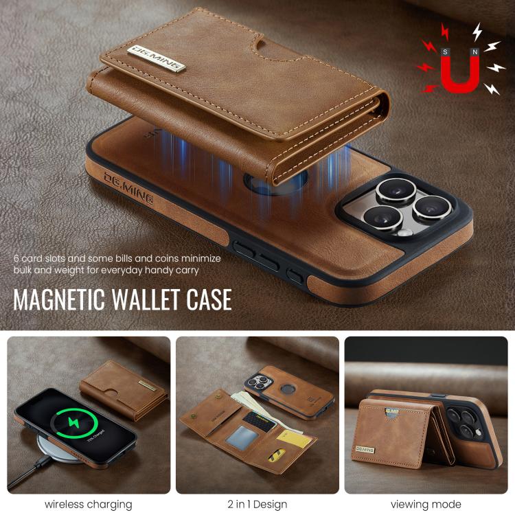 For iPhone 15 Pro DG.MING M6 Series RFID Tri-fold Card Bag Removable Leather Phone Case