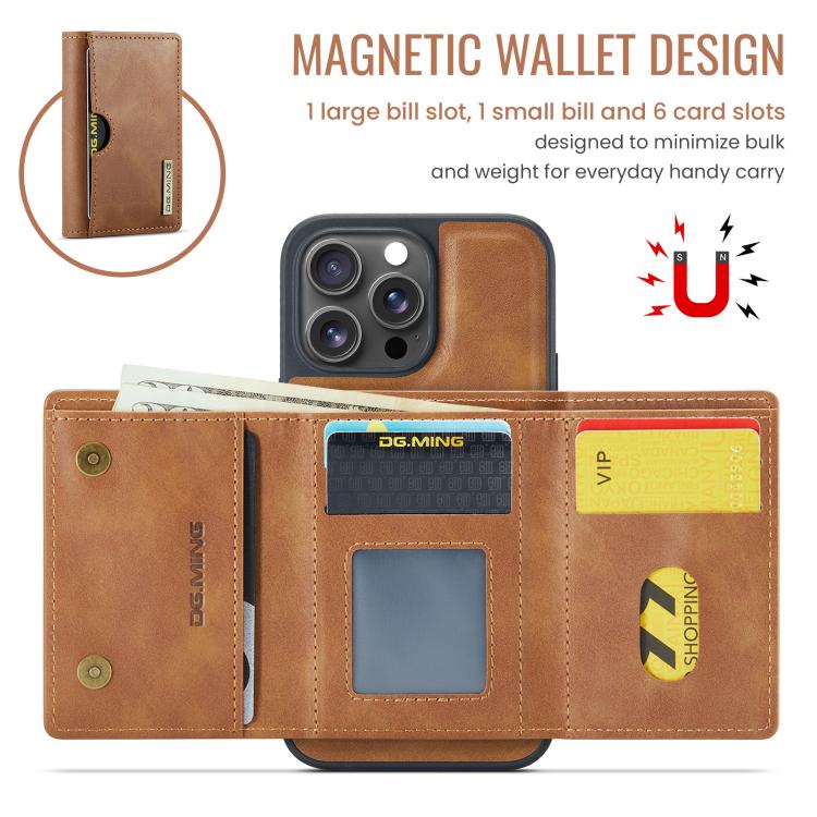 For iPhone 15 Pro DG.MING M6 Series RFID Tri-fold Card Bag Removable Leather Phone Case