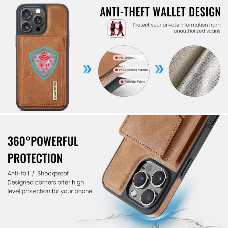For iPhone 15 Pro DG.MING M6 Series RFID Tri-fold Card Bag Removable Leather Phone Case