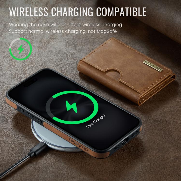 For iPhone 15 Pro DG.MING M6 Series RFID Tri-fold Card Bag Removable Leather Phone Case