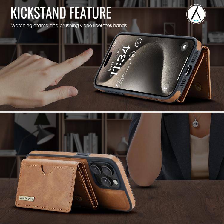 For iPhone 15 Pro DG.MING M6 Series RFID Tri-fold Card Bag Removable Leather Phone Case