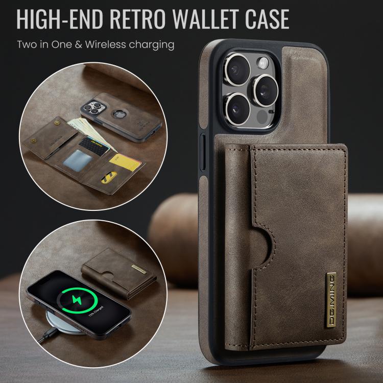For iPhone 15 Pro DG.MING M6 Series RFID Tri-fold Card Bag Removable Leather Phone Case