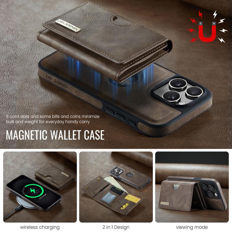 For iPhone 15 Pro DG.MING M6 Series RFID Tri-fold Card Bag Removable Leather Phone Case