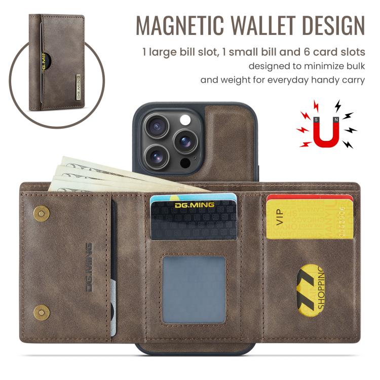 For iPhone 15 Pro DG.MING M6 Series RFID Tri-fold Card Bag Removable Leather Phone Case