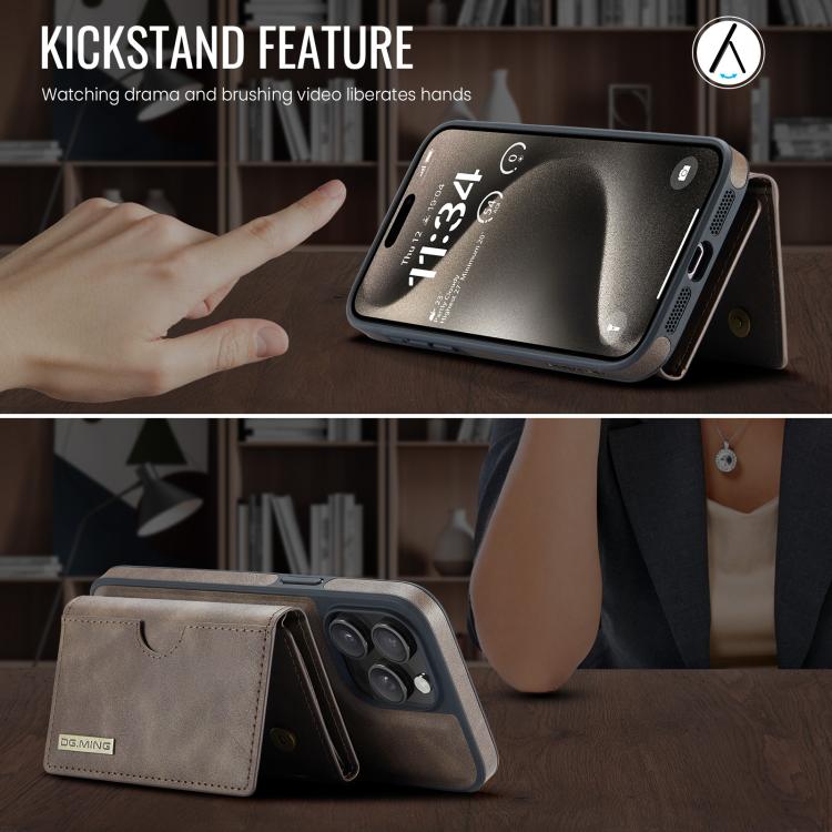 For iPhone 15 Pro DG.MING M6 Series RFID Tri-fold Card Bag Removable Leather Phone Case