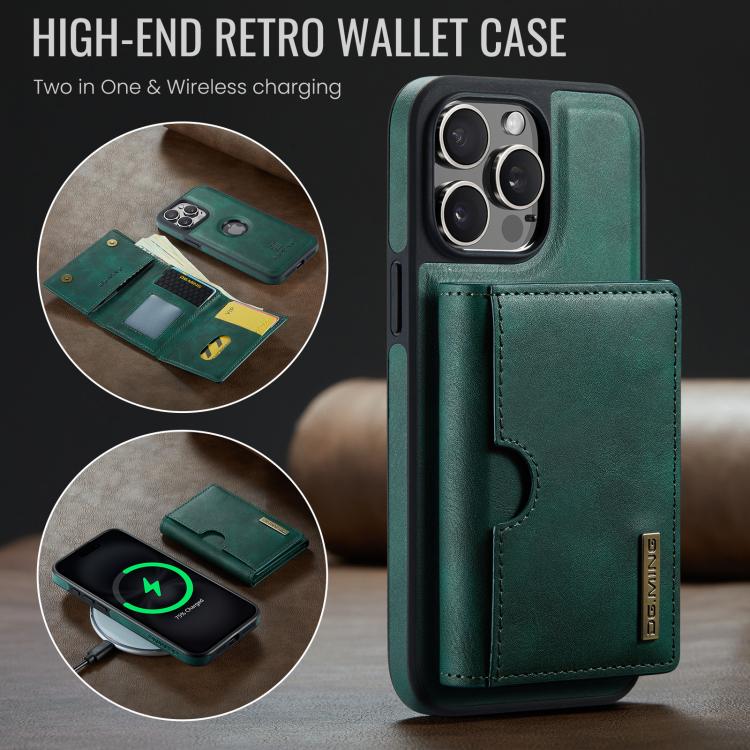 For iPhone 15 Pro DG.MING M6 Series RFID Tri-fold Card Bag Removable Leather Phone Case