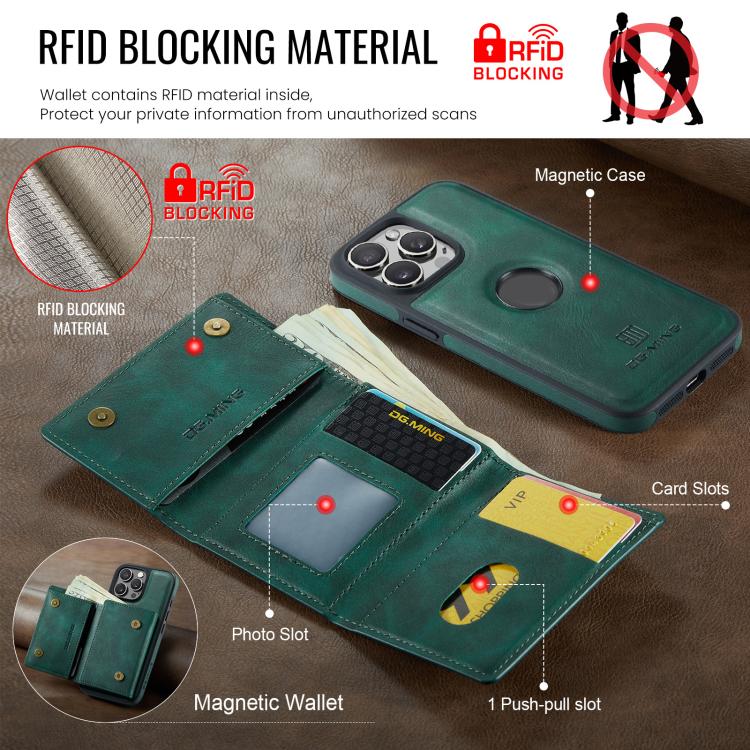 For iPhone 15 Pro DG.MING M6 Series RFID Tri-fold Card Bag Removable Leather Phone Case