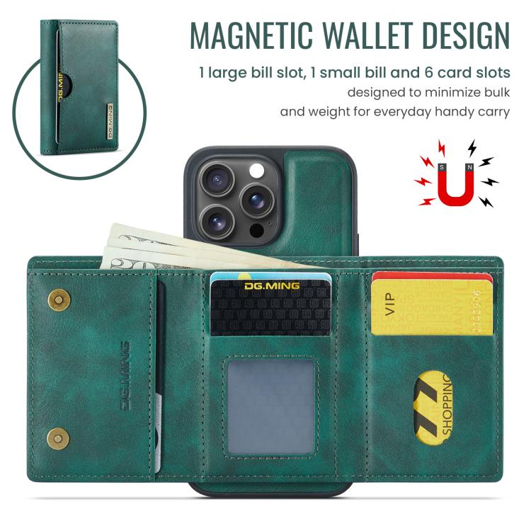 For iPhone 15 Pro DG.MING M6 Series RFID Tri-fold Card Bag Removable Leather Phone Case
