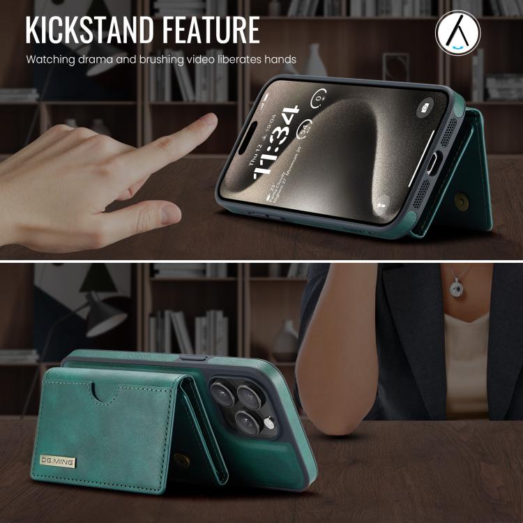 For iPhone 15 Pro DG.MING M6 Series RFID Tri-fold Card Bag Removable Leather Phone Case