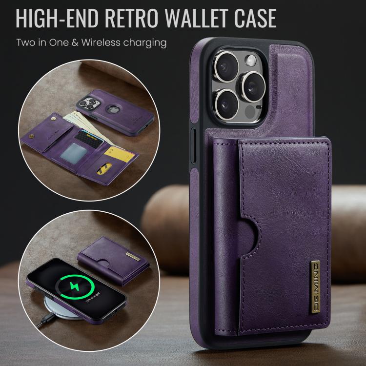 For iPhone 15 Pro DG.MING M6 Series RFID Tri-fold Card Bag Removable Leather Phone Case