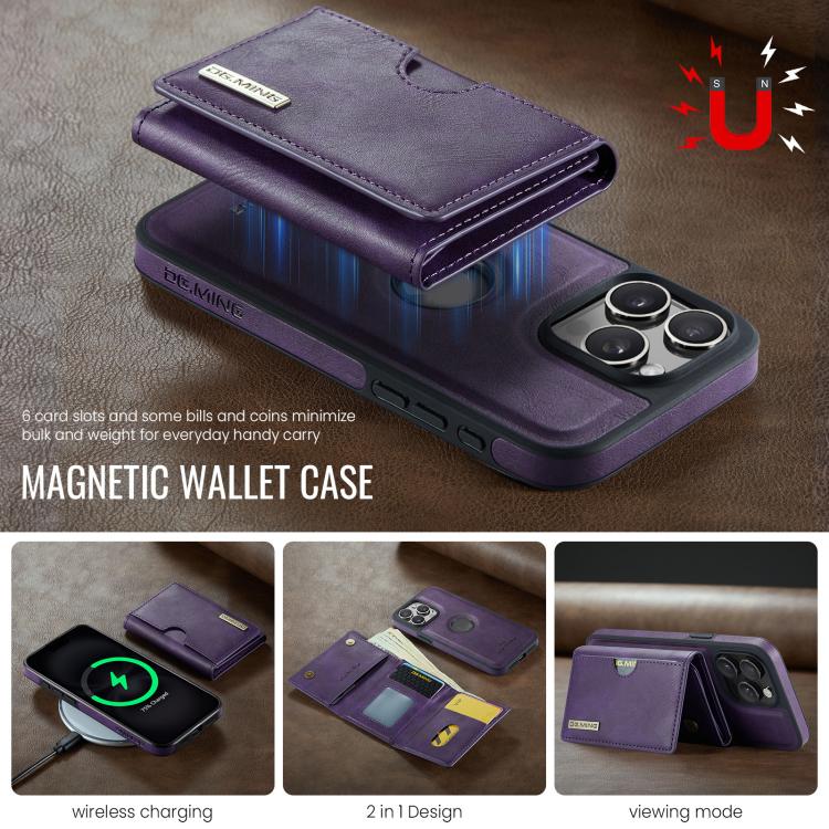 For iPhone 15 Pro DG.MING M6 Series RFID Tri-fold Card Bag Removable Leather Phone Case