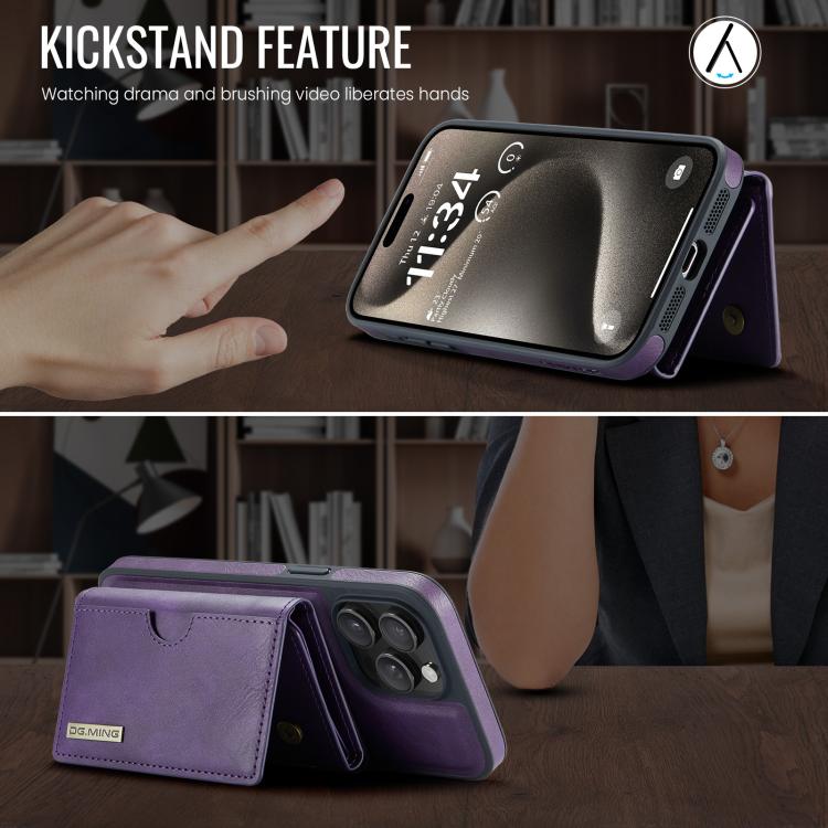 For iPhone 15 Pro DG.MING M6 Series RFID Tri-fold Card Bag Removable Leather Phone Case