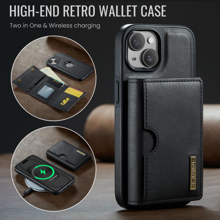 For iPhone 15 Plus DG.MING M6 Series RFID Tri-fold Card Bag Removable Leather Phone Case