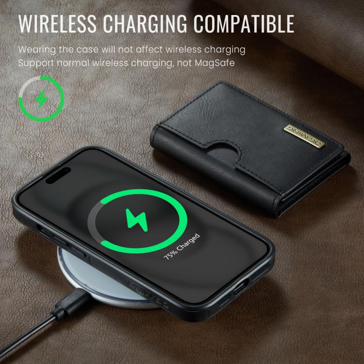 For iPhone 15 Plus DG.MING M6 Series RFID Tri-fold Card Bag Removable Leather Phone Case