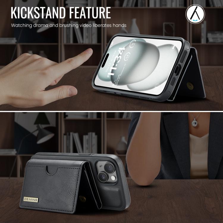 For iPhone 15 Plus DG.MING M6 Series RFID Tri-fold Card Bag Removable Leather Phone Case