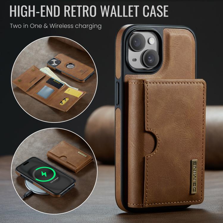 For iPhone 15 Plus DG.MING M6 Series RFID Tri-fold Card Bag Removable Leather Phone Case