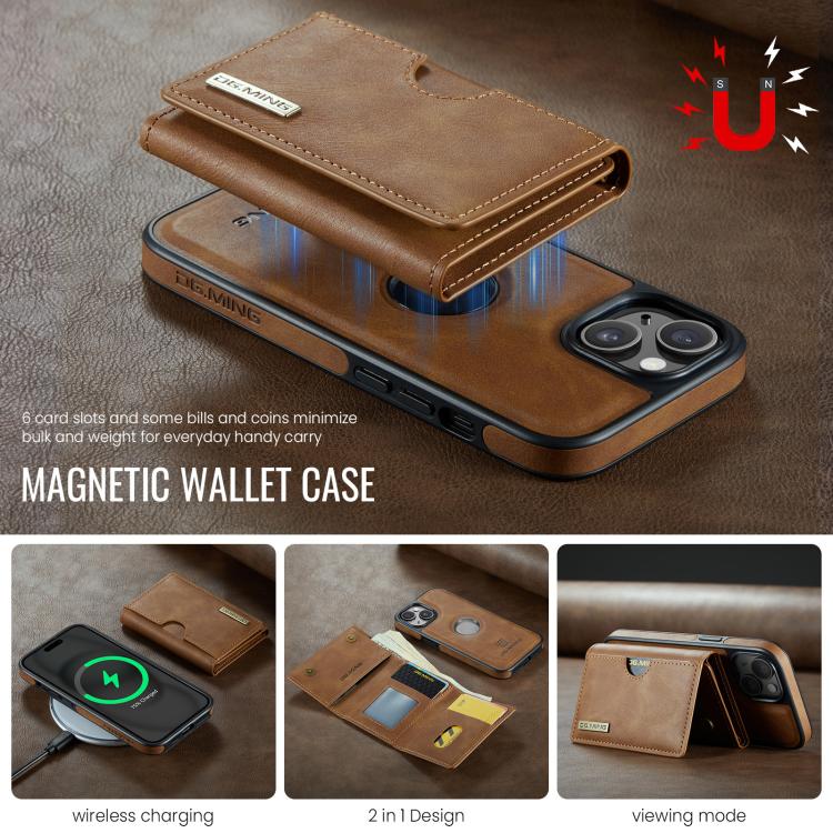 For iPhone 15 Plus DG.MING M6 Series RFID Tri-fold Card Bag Removable Leather Phone Case