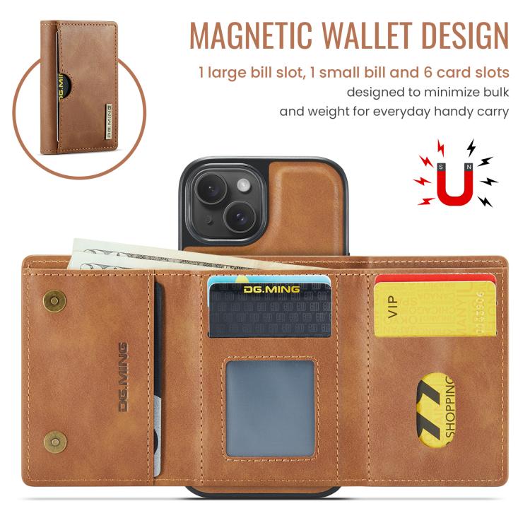 For iPhone 15 Plus DG.MING M6 Series RFID Tri-fold Card Bag Removable Leather Phone Case