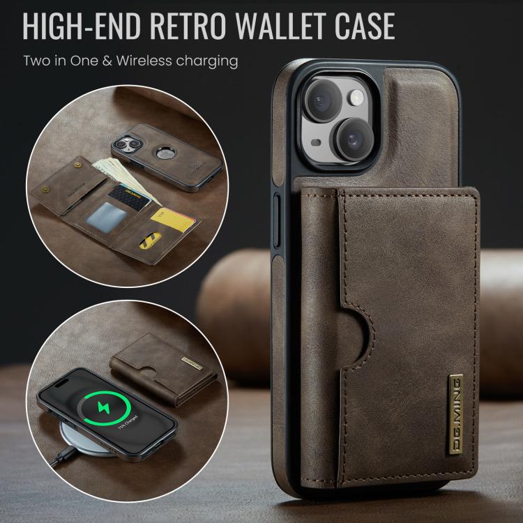 For iPhone 15 Plus DG.MING M6 Series RFID Tri-fold Card Bag Removable Leather Phone Case