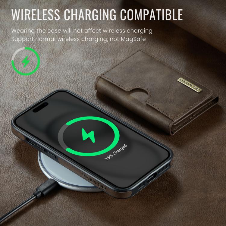 For iPhone 15 Plus DG.MING M6 Series RFID Tri-fold Card Bag Removable Leather Phone Case