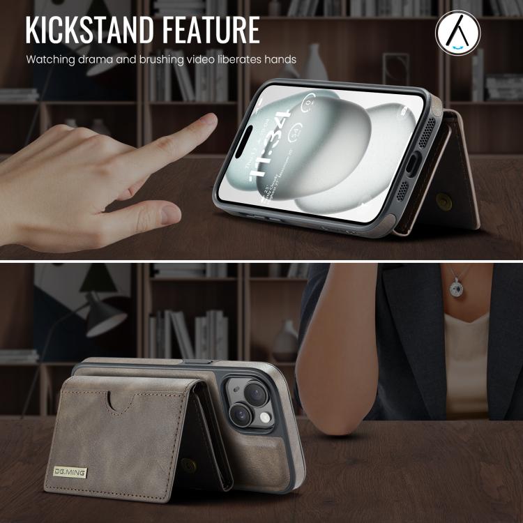 For iPhone 15 Plus DG.MING M6 Series RFID Tri-fold Card Bag Removable Leather Phone Case