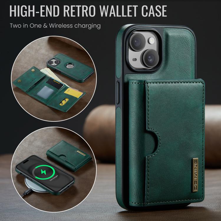 For iPhone 15 Plus DG.MING M6 Series RFID Tri-fold Card Bag Removable Leather Phone Case