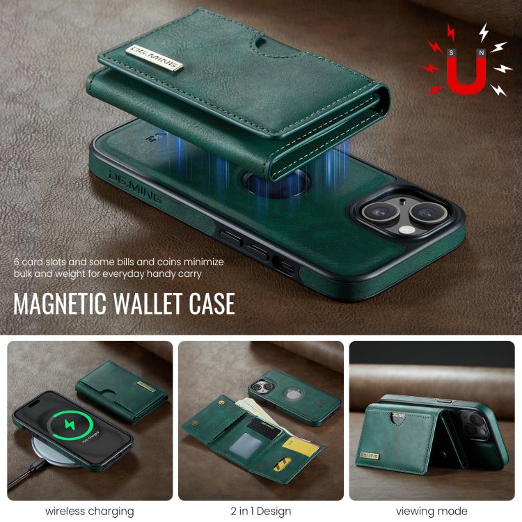 For iPhone 15 Plus DG.MING M6 Series RFID Tri-fold Card Bag Removable Leather Phone Case