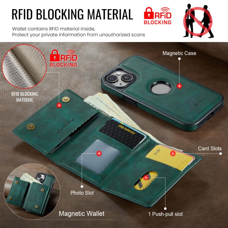 For iPhone 15 Plus DG.MING M6 Series RFID Tri-fold Card Bag Removable Leather Phone Case