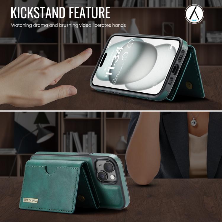 For iPhone 15 Plus DG.MING M6 Series RFID Tri-fold Card Bag Removable Leather Phone Case