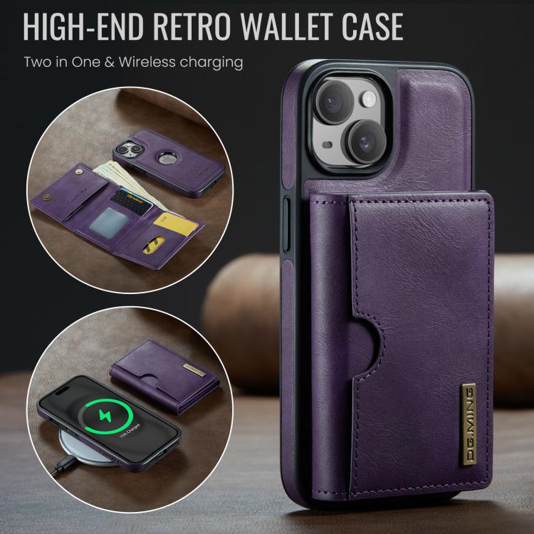 For iPhone 15 Plus DG.MING M6 Series RFID Tri-fold Card Bag Removable Leather Phone Case