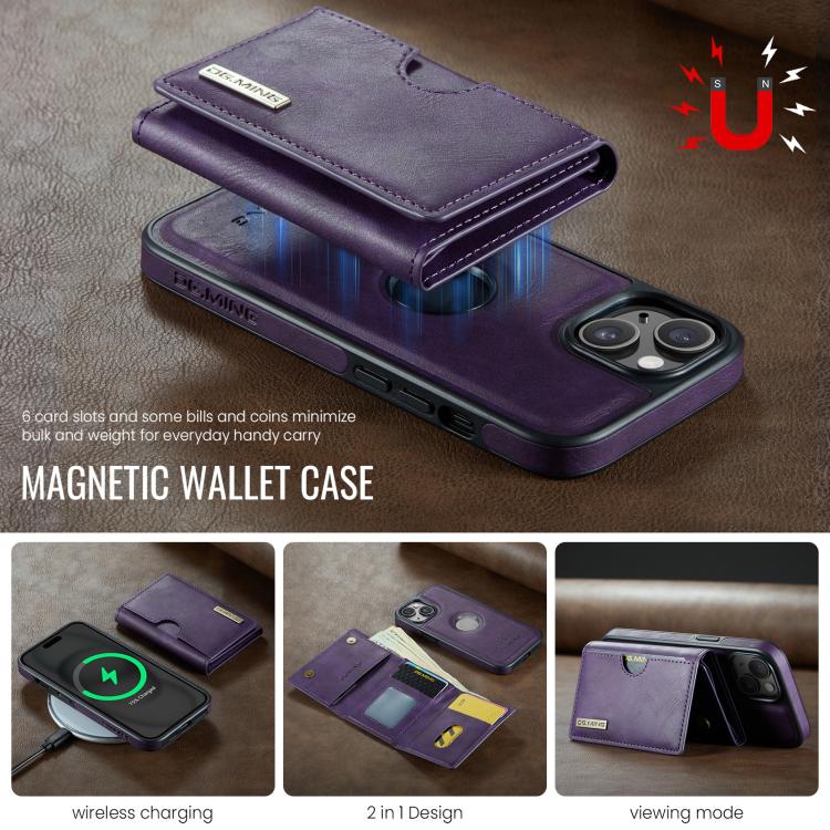 For iPhone 15 Plus DG.MING M6 Series RFID Tri-fold Card Bag Removable Leather Phone Case