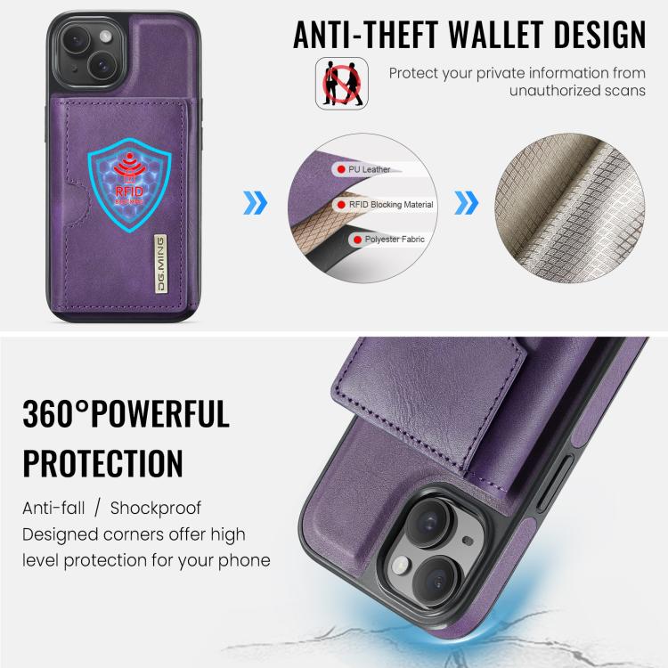 For iPhone 15 Plus DG.MING M6 Series RFID Tri-fold Card Bag Removable Leather Phone Case