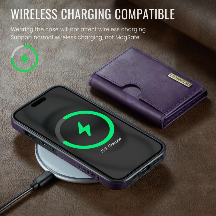 For iPhone 15 Plus DG.MING M6 Series RFID Tri-fold Card Bag Removable Leather Phone Case