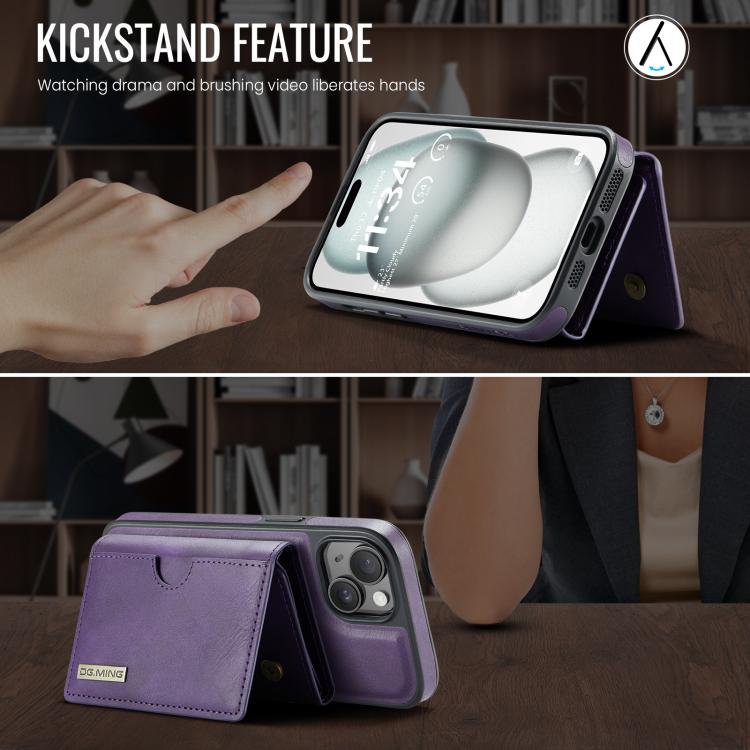 For iPhone 15 Plus DG.MING M6 Series RFID Tri-fold Card Bag Removable Leather Phone Case