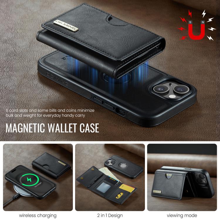 For iPhone 15 DG.MING M6 Series RFID Tri-fold Card Bag Removable Leather Phone Case