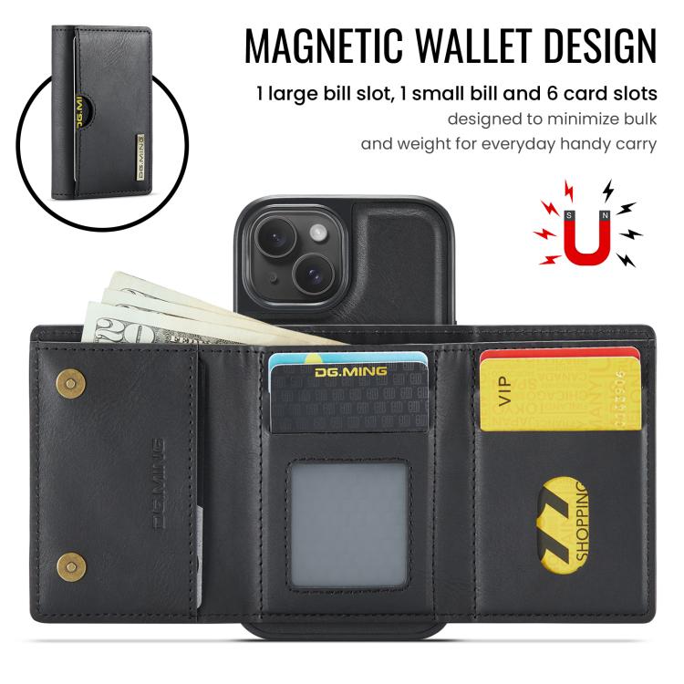 For iPhone 15 DG.MING M6 Series RFID Tri-fold Card Bag Removable Leather Phone Case