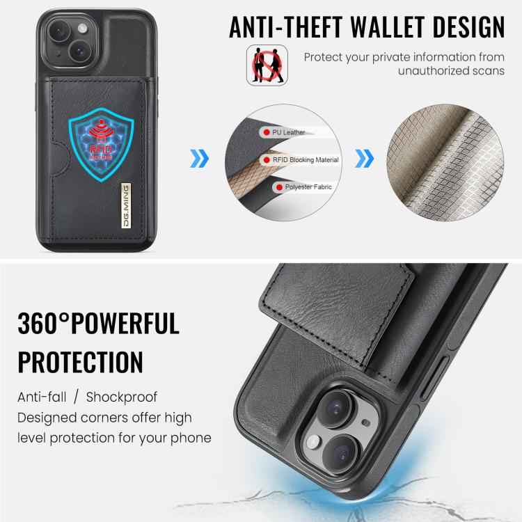 For iPhone 15 DG.MING M6 Series RFID Tri-fold Card Bag Removable Leather Phone Case