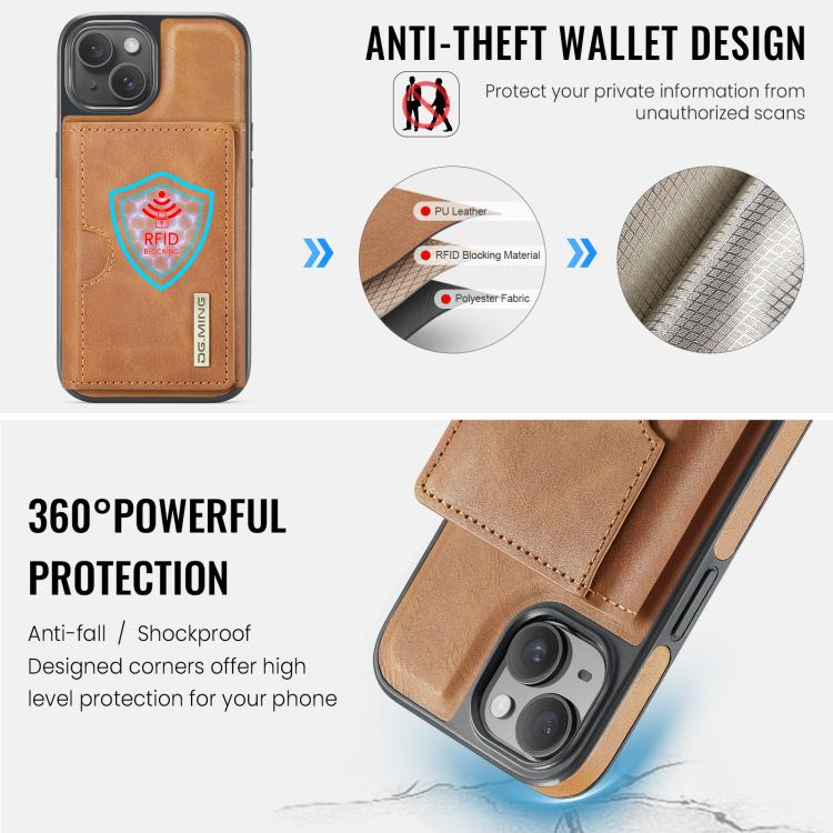 For iPhone 15 DG.MING M6 Series RFID Tri-fold Card Bag Removable Leather Phone Case