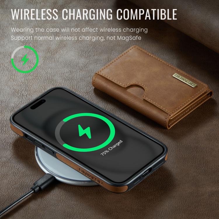 For iPhone 15 DG.MING M6 Series RFID Tri-fold Card Bag Removable Leather Phone Case