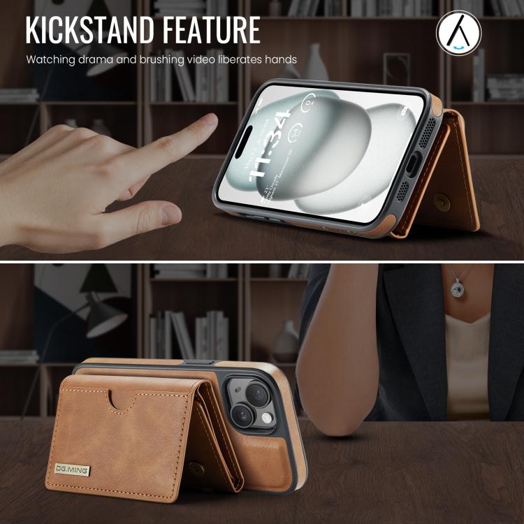 For iPhone 15 DG.MING M6 Series RFID Tri-fold Card Bag Removable Leather Phone Case