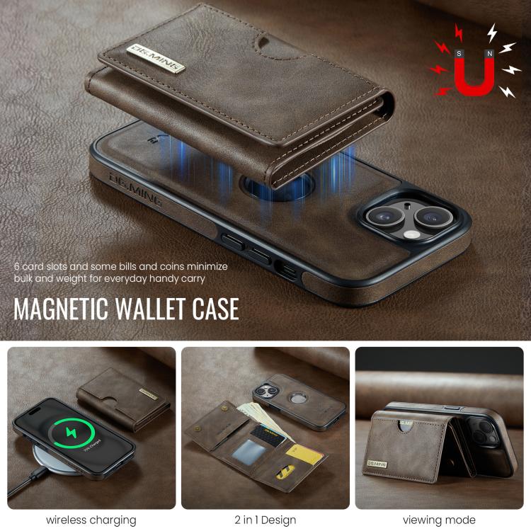 For iPhone 15 DG.MING M6 Series RFID Tri-fold Card Bag Removable Leather Phone Case
