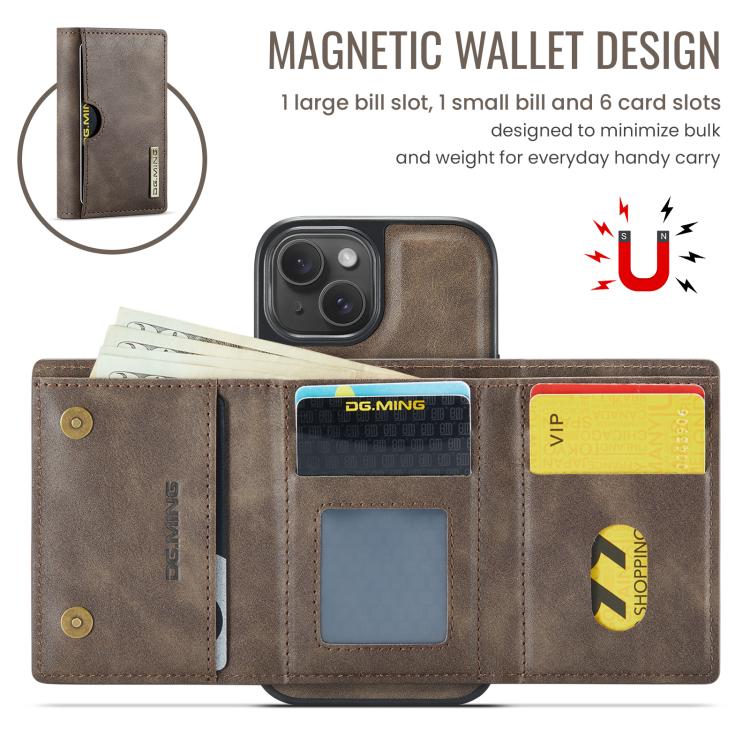 For iPhone 15 DG.MING M6 Series RFID Tri-fold Card Bag Removable Leather Phone Case
