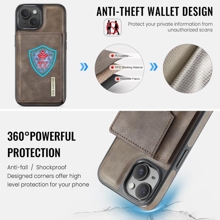 For iPhone 15 DG.MING M6 Series RFID Tri-fold Card Bag Removable Leather Phone Case