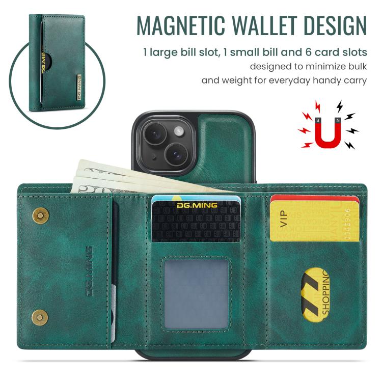 For iPhone 15 DG.MING M6 Series RFID Tri-fold Card Bag Removable Leather Phone Case