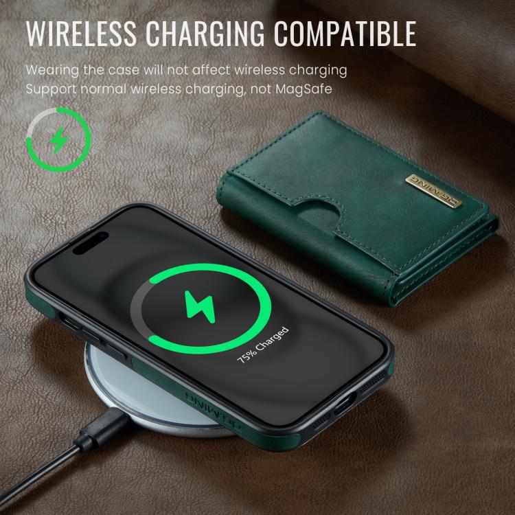 For iPhone 15 DG.MING M6 Series RFID Tri-fold Card Bag Removable Leather Phone Case