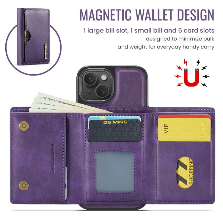 For iPhone 15 DG.MING M6 Series RFID Tri-fold Card Bag Removable Leather Phone Case