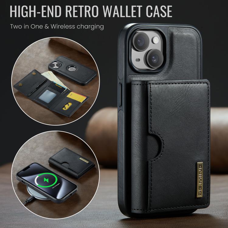 For iPhone 14 Plus DG.MING M6 Series RFID Tri-fold Card Bag Removable Leather Phone Case